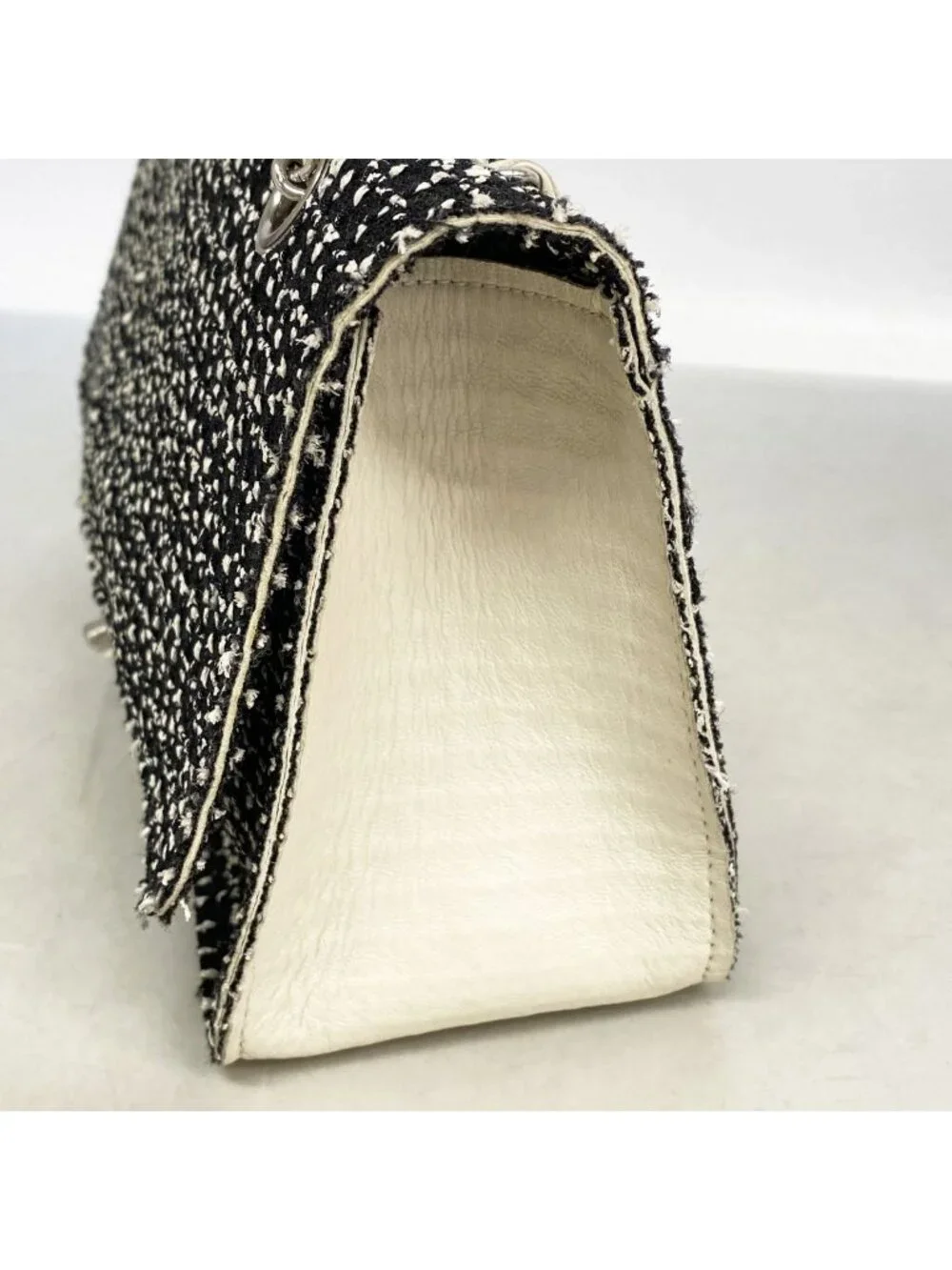 Chanel Shoulder Bag Tweed Black Ivory Silver